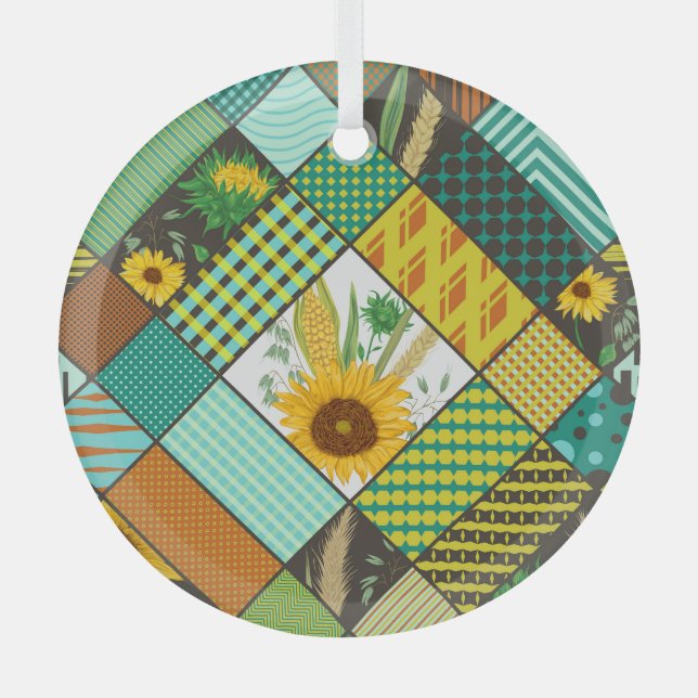 Patchwork cereals, sunflowers, geometric pattern. glass ornament (Front)