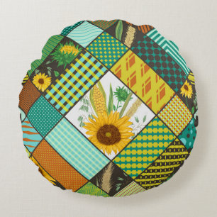 Patchwork cereals, sunflowers, geometric pattern. round pillow
