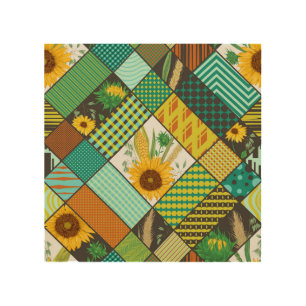 Patchwork cereals, sunflowers, geometric pattern. wood wall art