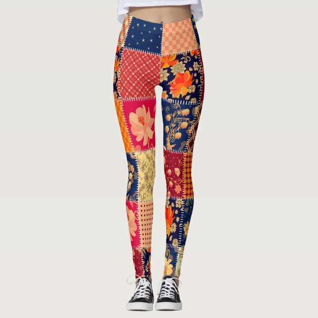 Patchwork Charm: Floral & Geometric Mix Leggings (Front)