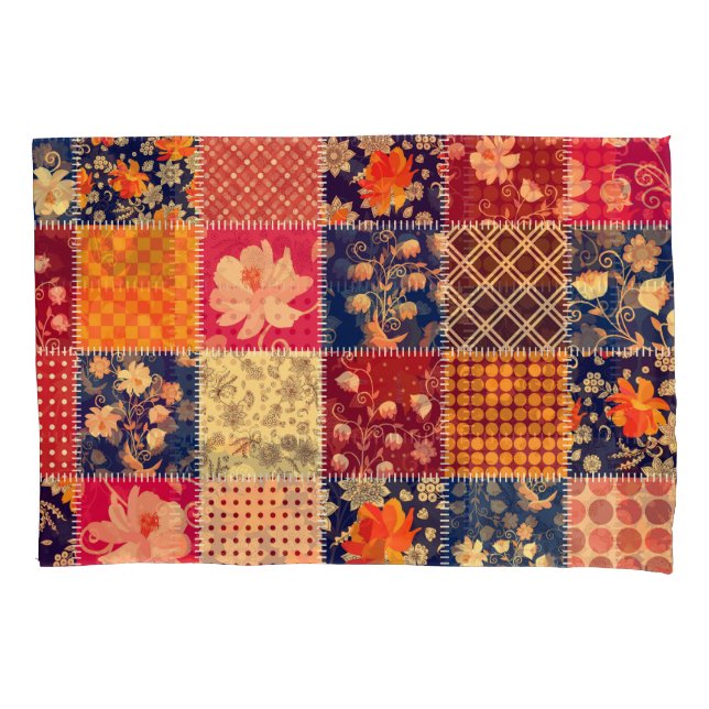Patchwork Charm: Floral & Geometric Mix Pillow Case (Front)