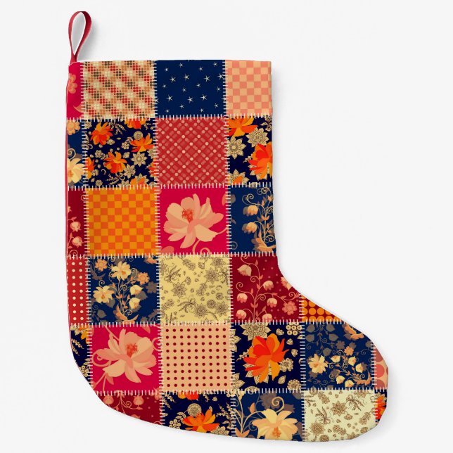 Patchwork Charm: Floral & Geometric Mix Small Christmas Stocking (Front)