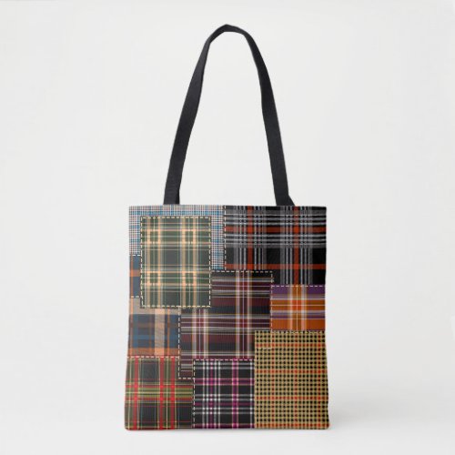 patchwork chercks pattern tartan design surface  tote bag