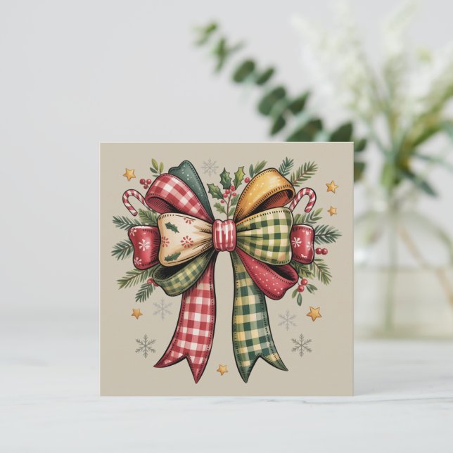 Patchwork Christmas Bow Cozy Rustic Holiday Card (Standing Front)