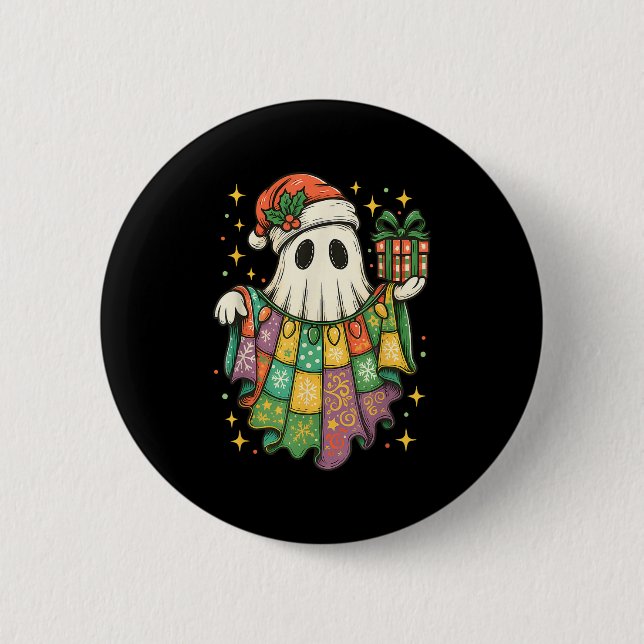 Patchwork Christmas Ghost Christmas, Christmas Boo Button (Front)