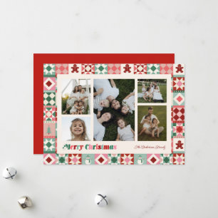 Patchwork Christmas Pink Red Green Photo Holiday Card