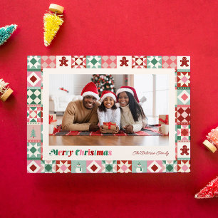 Patchwork Christmas Pink Red Green Photo Holiday Card
