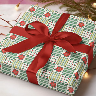 Patchwork Christmas Poinsettia Floral Pattern Wrapping Paper