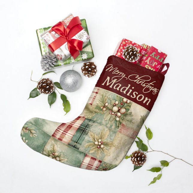 Patchwork Christmas Quilt Holly Berries Custom  Large Christmas Stocking (Creator Uploaded)