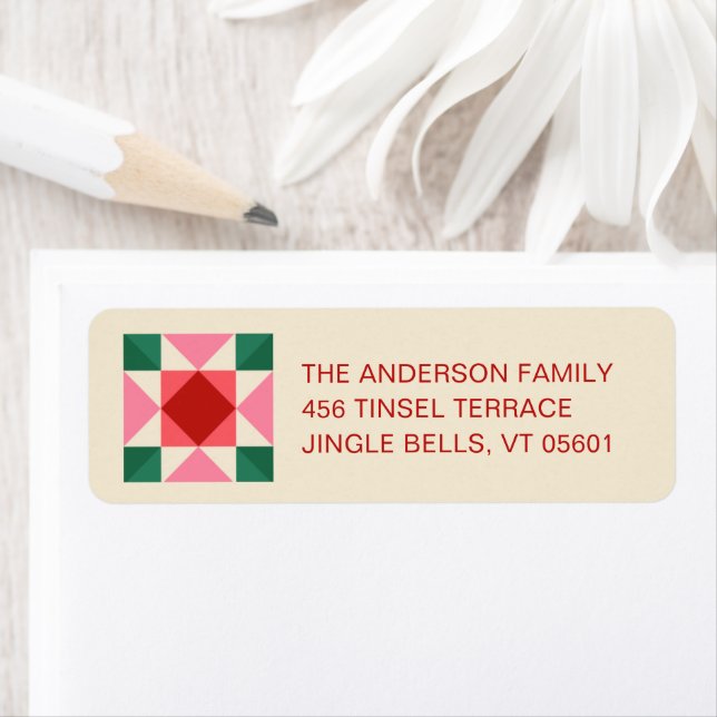 Patchwork Christmas Red Pink Green Return Address Label (Insitu)