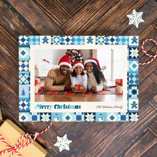 Patchwork Christmas Shades of Blue Photo Holiday Card