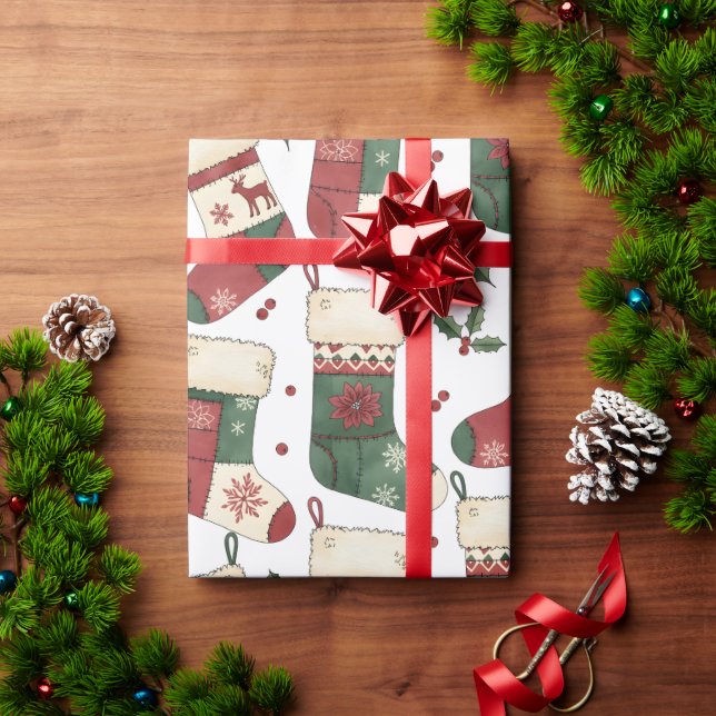 Patchwork Christmas Stockings Red Green White Wrapping Paper (Holiday Gift)