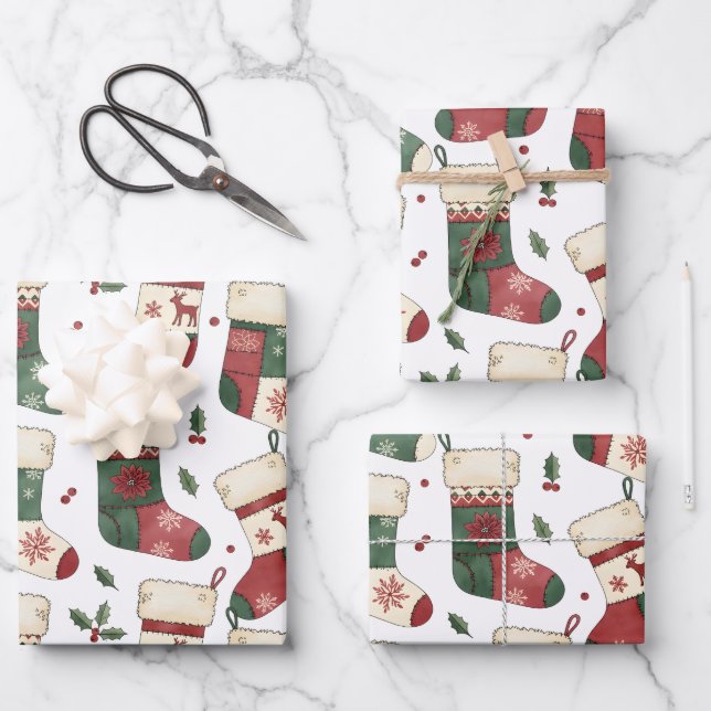 Patchwork Christmas Stockings Red Green White Wrapping Paper Sheets (Front)