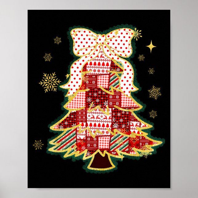 Patchwork Christmas Tree Coquette Bow Xmas Holiday Poster (Front)