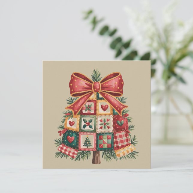 Patchwork Christmas Tree Coquette Xmas Holiday Card (Standing Front)
