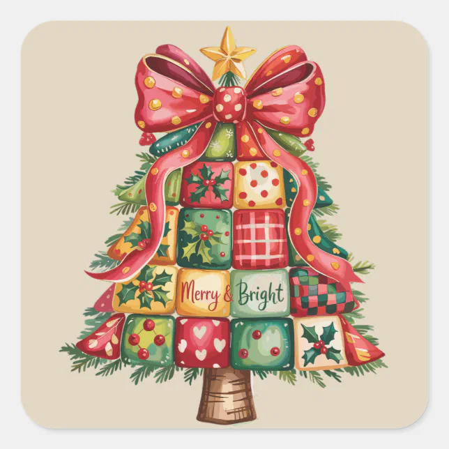 Tree Patchwork Square Patchwork Christmas Tree Coquette Xmas Tree Square Sticker | Zazzle