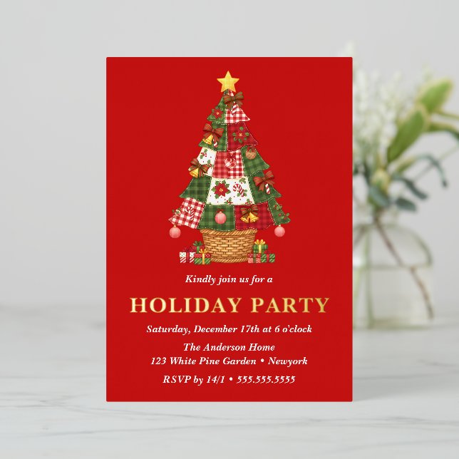 Patchwork Christmas Tree Holiday Party  Foil Invitation (Standing Front)