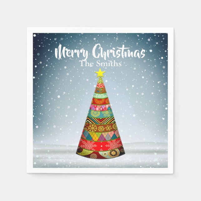 Patchwork Christmas Tree under a Snowfall Napkins (Front)