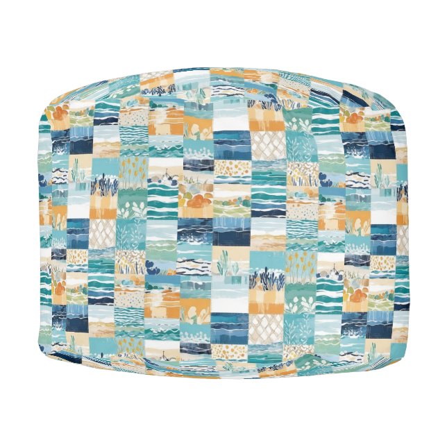 Patchwork Coastal Ocean Waves Beach Sea Patterned  Pouf (Front)