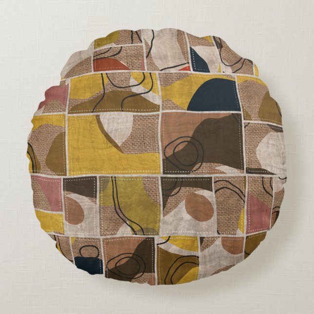 Patchwork collage quilt: mixed print. round pillow (Front)