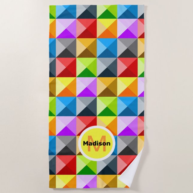 Patchwork Colorful geometric pattern Monogram Beach Towel (Front)