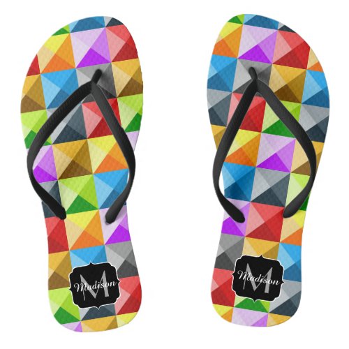 Patchwork Colorful geometric pattern Monogram Flip Flops