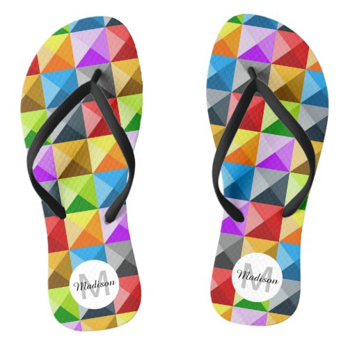 Patchwork Colorful geometric pattern Monogram Flip Flops