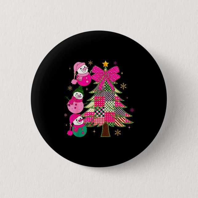 Patchwork Coquette Bow Xmas Snowman Holiday Christ Button (Front)