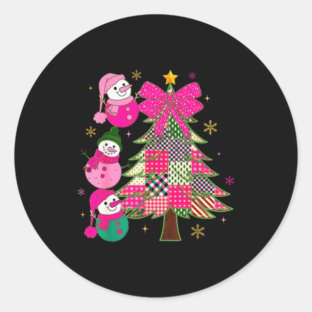 Patchwork Coquette Bow Xmas Snowman Holiday Christ Classic Round Sticker (Front)