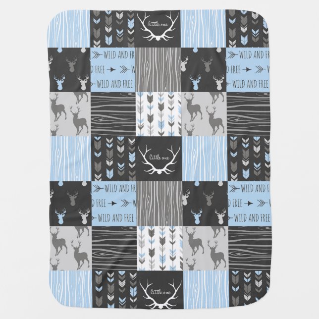 Patchwork Deer Baby Blanket - Blue, Grey, And Blac (Front)