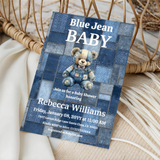 Patchwork Denim Bear Boy Blue Jean Baby Shower Invitation