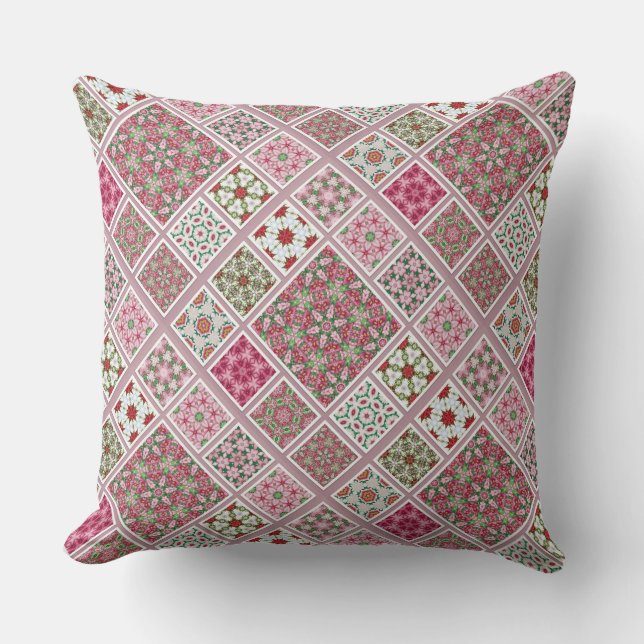 Patchwork Design in Pink and Red Throw Pillow (Front)