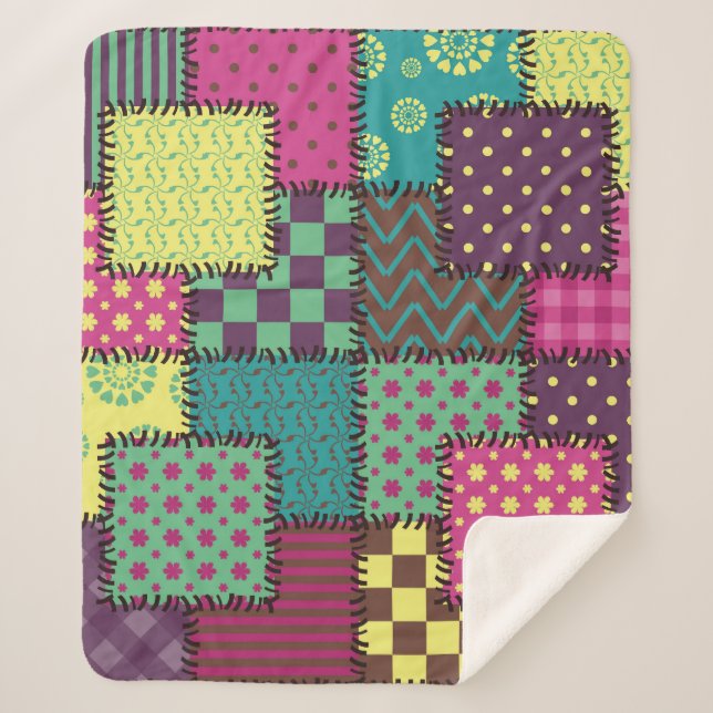 Patchwork: Diverse Patterns Background Sherpa Blanket (Front)