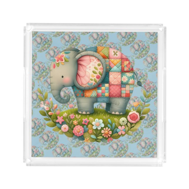 Patchwork Elephant Floral Meadow Charm Acrylic Tray (Front)
