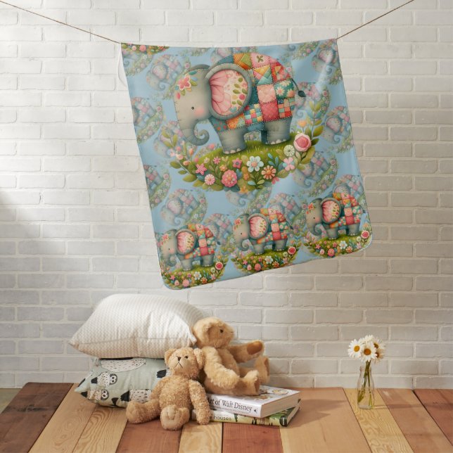 Patchwork Elephant Floral Meadow Charm Baby Blanket (In Situ)