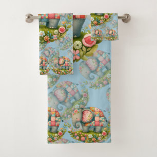 Patchwork Elephant Floral Meadow Charm Bath Towel Set