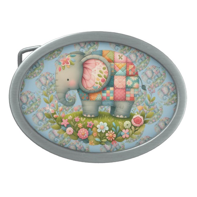 Patchwork Elephant Floral Meadow Charm Belt Buckle (Front)