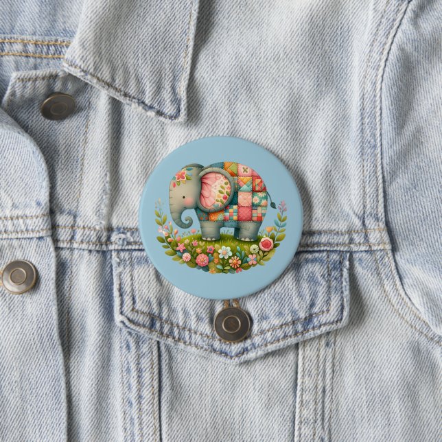 Patchwork Elephant Floral Meadow Charm Button (In Situ)
