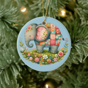 Patchwork Elephant Floral Meadow Charm Ceramic Ornament