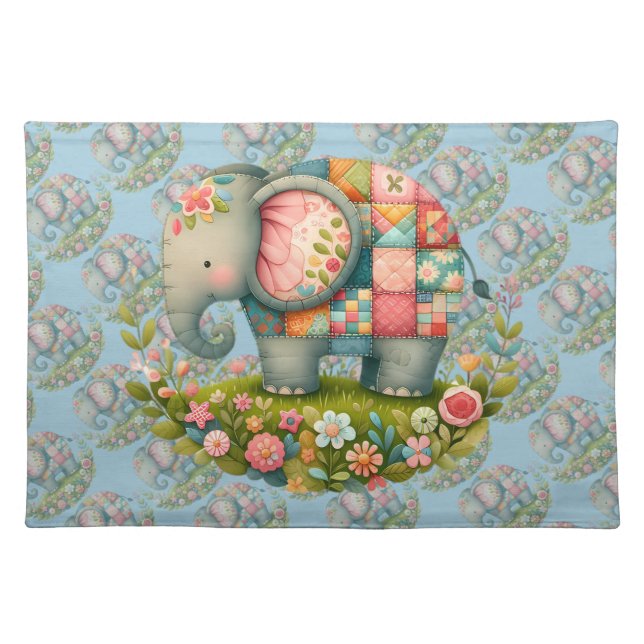 Patchwork Elephant Floral Meadow Charm Cloth Placemat (Front)