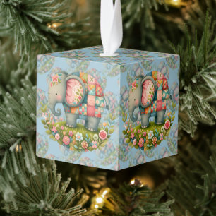 Patchwork Elephant Floral Meadow Charm Cube Ornament