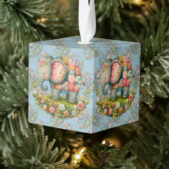 Patchwork Elephant Floral Meadow Charm Cube Ornament (Tree)