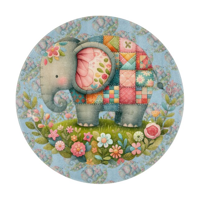 Patchwork Elephant Floral Meadow Charm Cutting Board (Front)