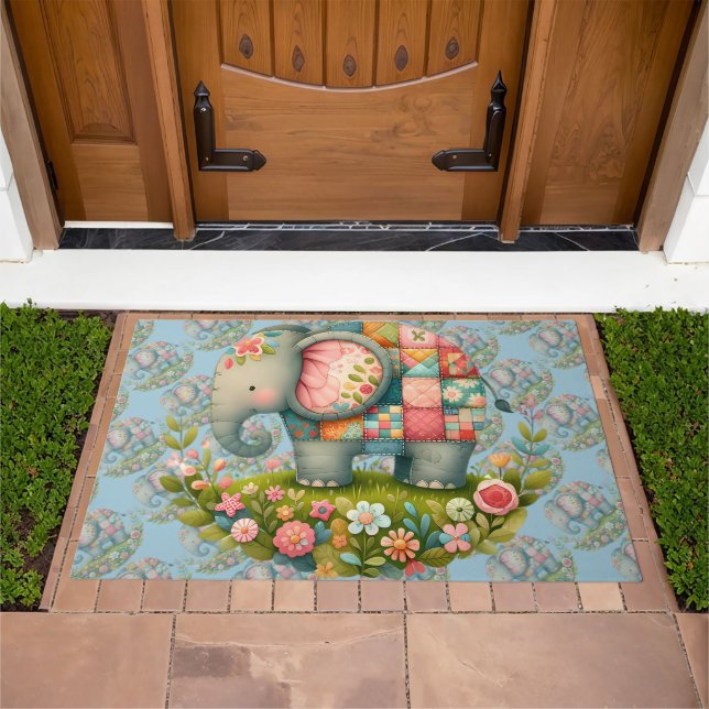 Patchwork Elephant Floral Meadow Charm Doormat (Outdoor)