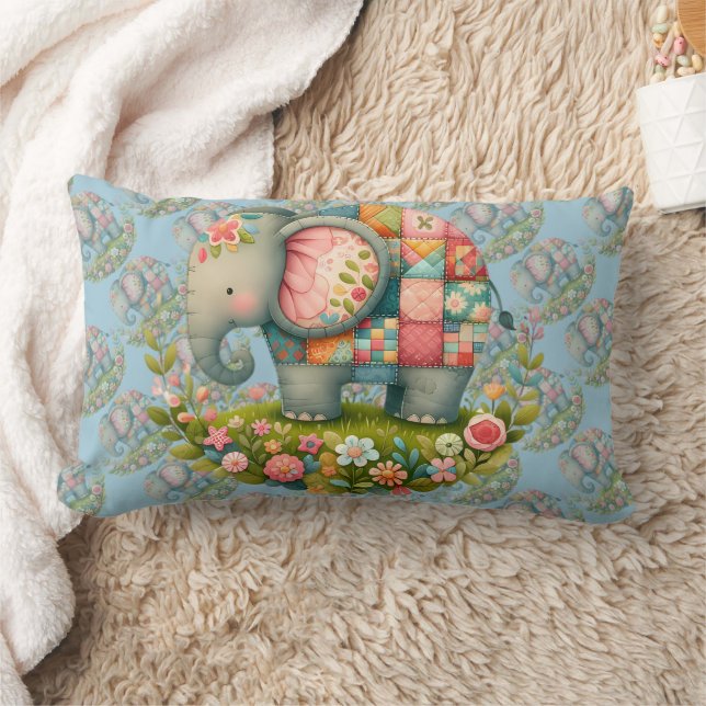 Patchwork Elephant Floral Meadow Charm Lumbar Pillow (Blanket)