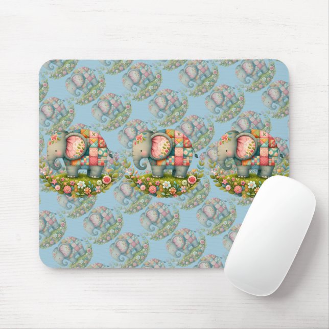 Patchwork Elephant Floral Meadow Charm Mouse Pad (With Mouse)