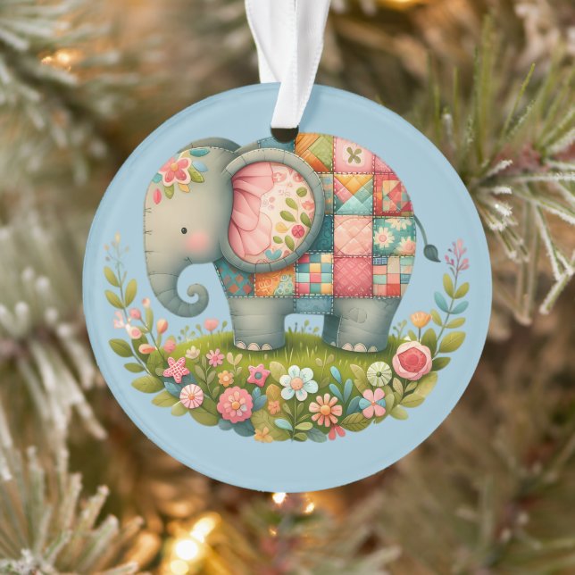 Patchwork Elephant Floral Meadow Charm Ornament (Tree)