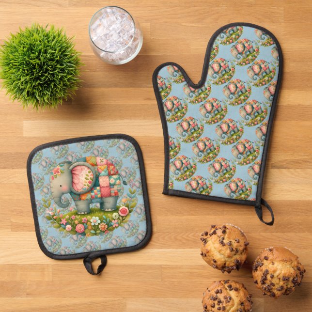 Patchwork Elephant Floral Meadow Charm Oven Mitt & Pot Holder Set (Top Down)