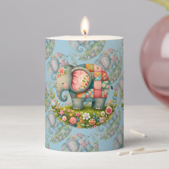 Patchwork Elephant Floral Meadow Charm Pillar Candle (In Situ)