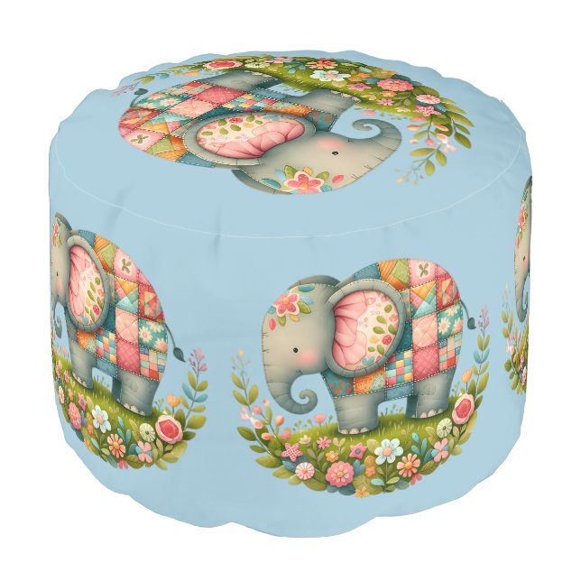 Patchwork Elephant Floral Meadow Charm Pouf (Angled Front)